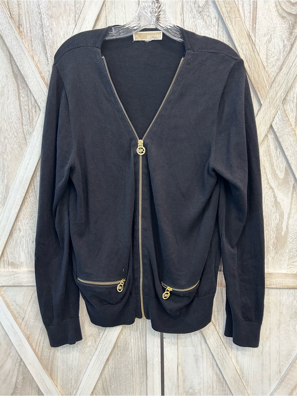 Michael Kors Black Zip-Front Bomber Jacket with Gold Hardware